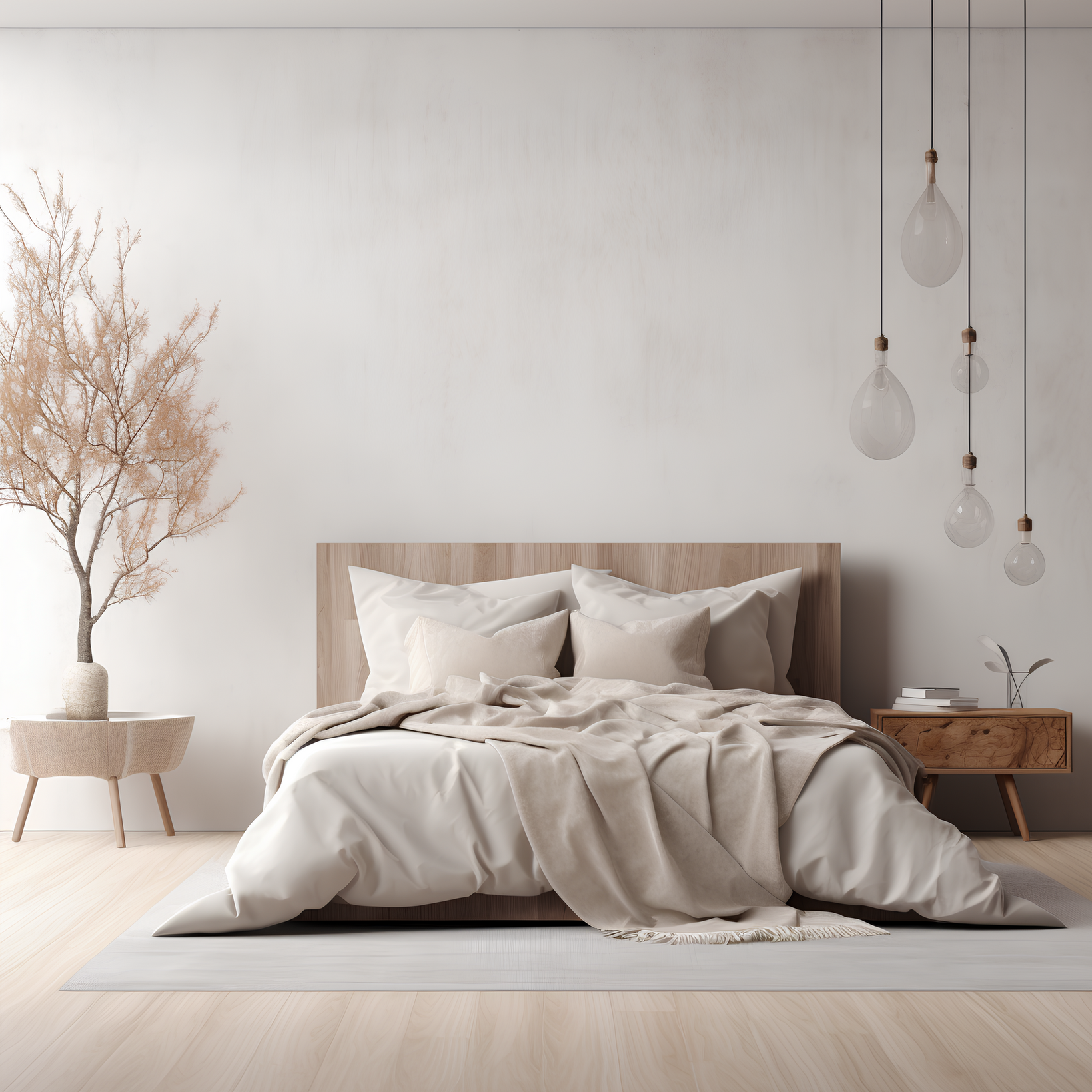 Scandinavian bedroom with empty wall mockup
